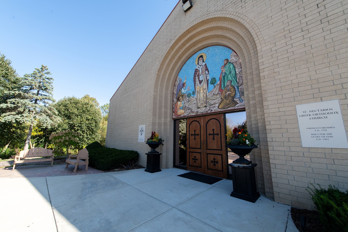 St-Nec-Web-Join-Visit-A Entrance doors of St. Nectarios Greek Orthodox Church with the mosaic above